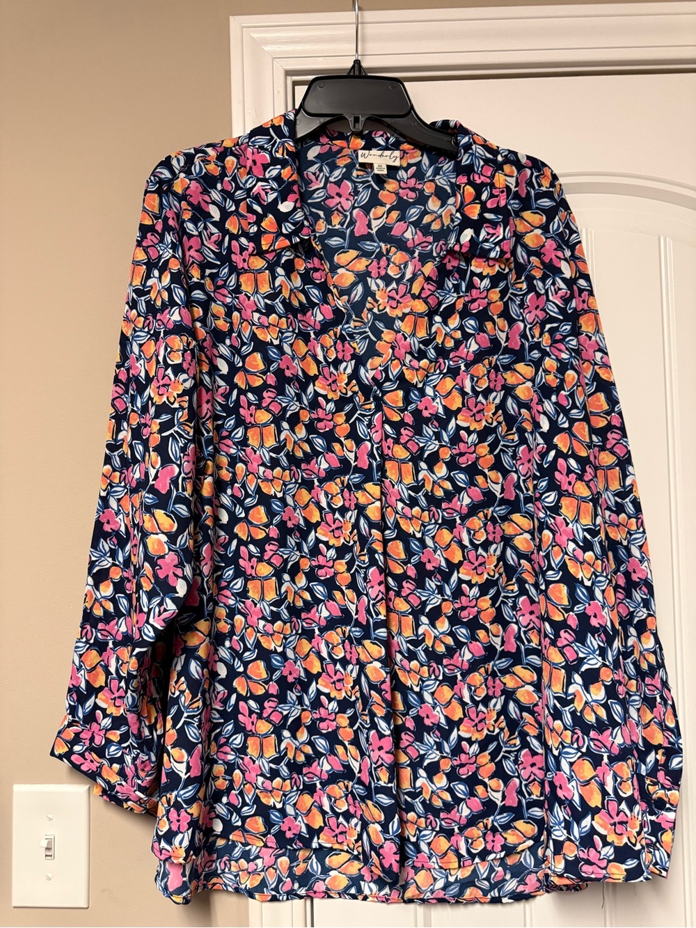 Wonderly Floral Button-Up Blouse in Navy with Pink & Orange Flowers